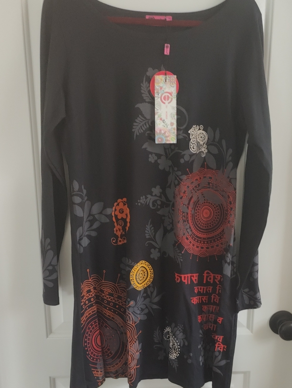 Coton Du Monde Black Printed Long-Sleeve Women's Dress